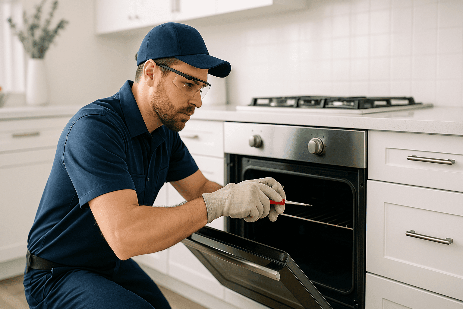 Maintenance technician repairing appliance in a modern kitchen
