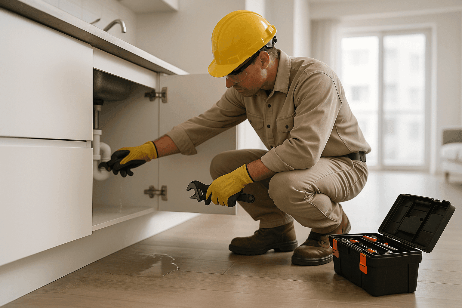 Property manager using emergency toolkit to address water leak