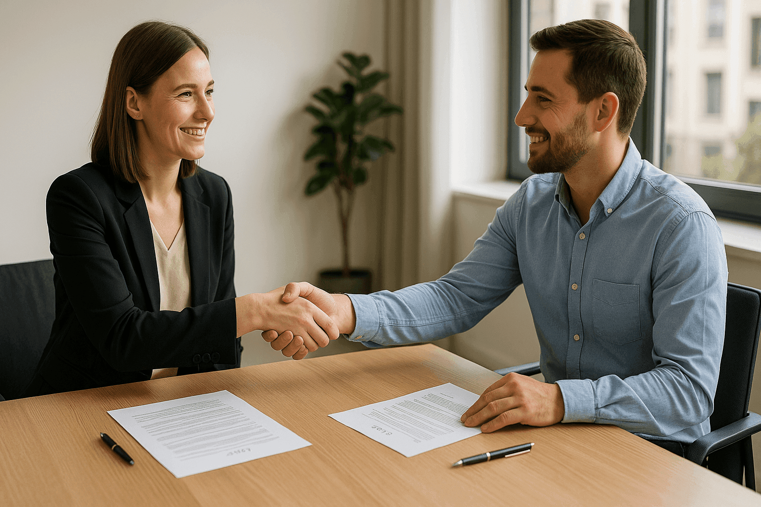 Property manager and tenant shaking hands after lease renewal