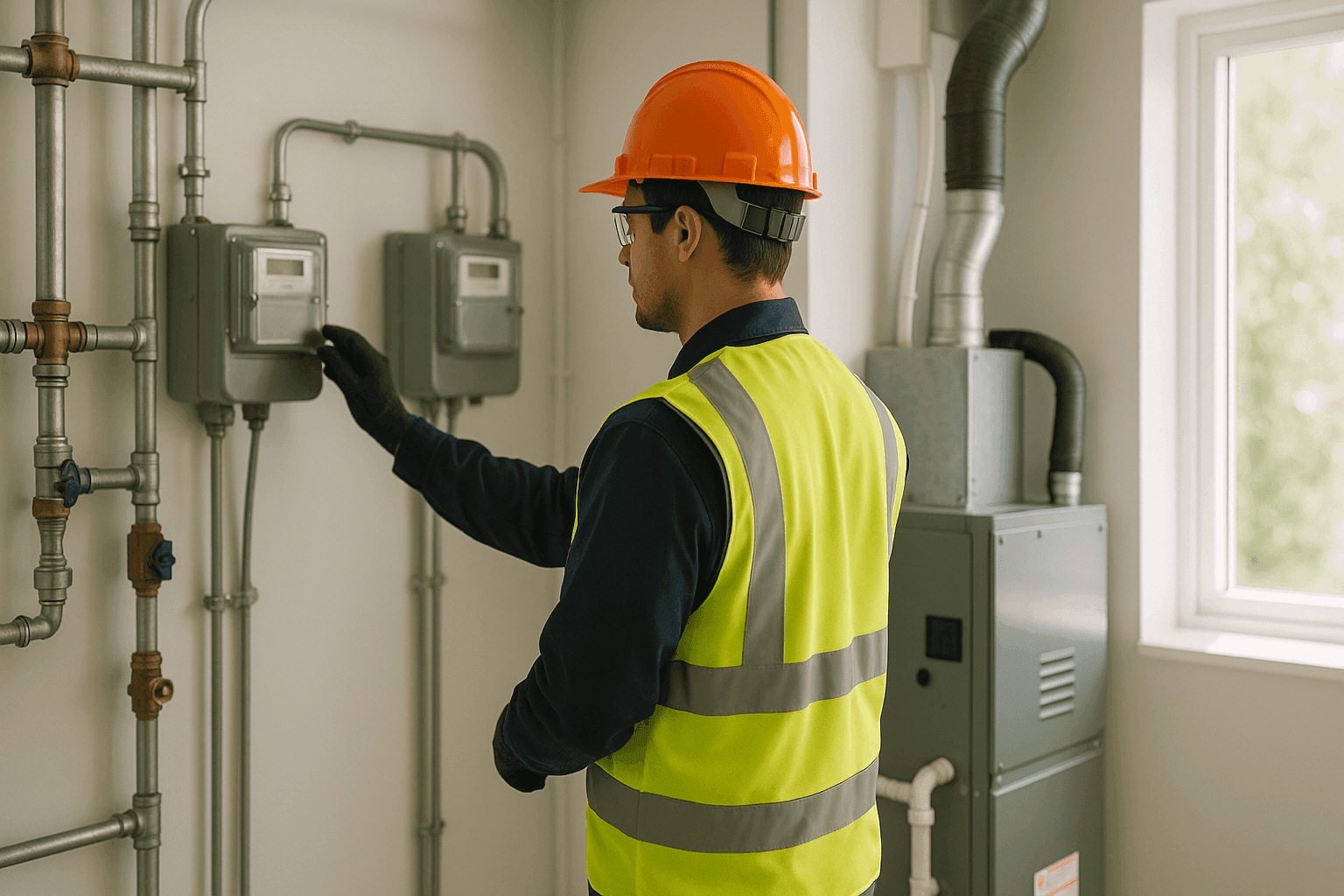 Technician inspecting utility connections in apartment utility room