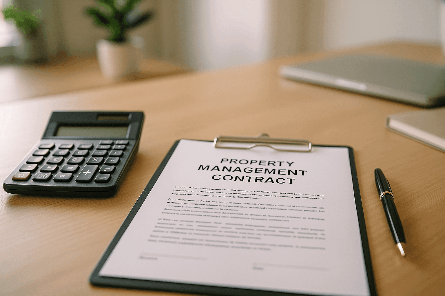 Calculator and property management contract on a desk