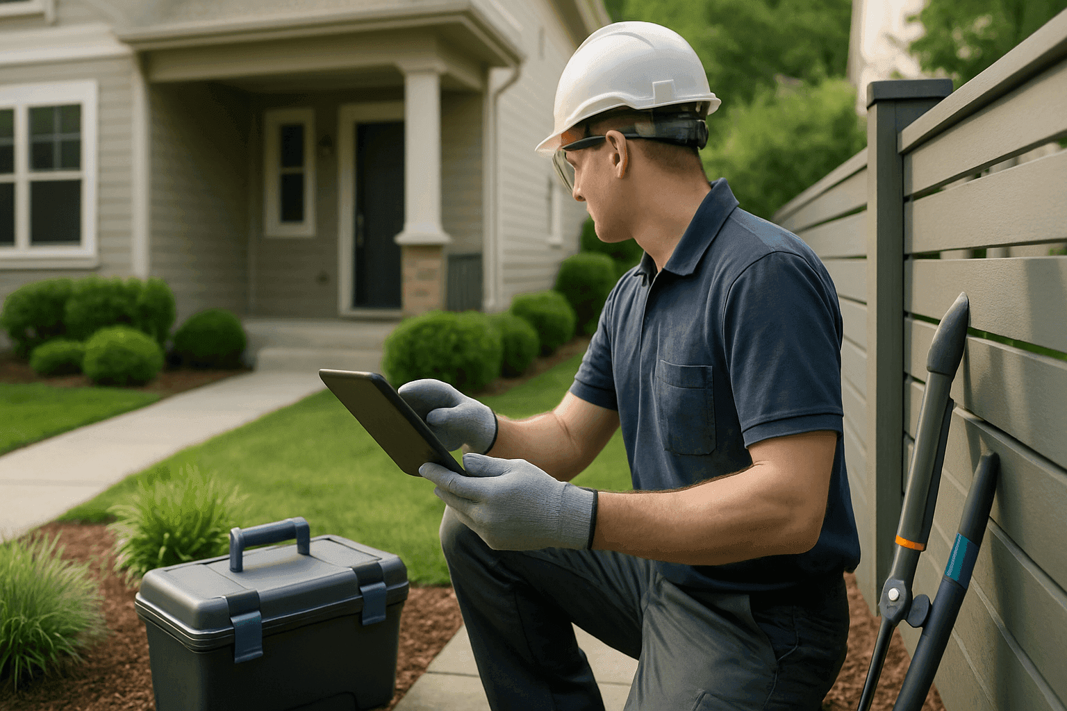 Professional worker in safety gear inspecting residential property exterior with clipboard in Mansfield